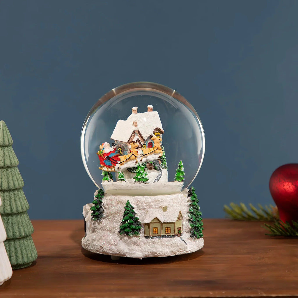 Musical and Animated Santa and Reindeer Rotating Christmas Water Globe, 6.75", White