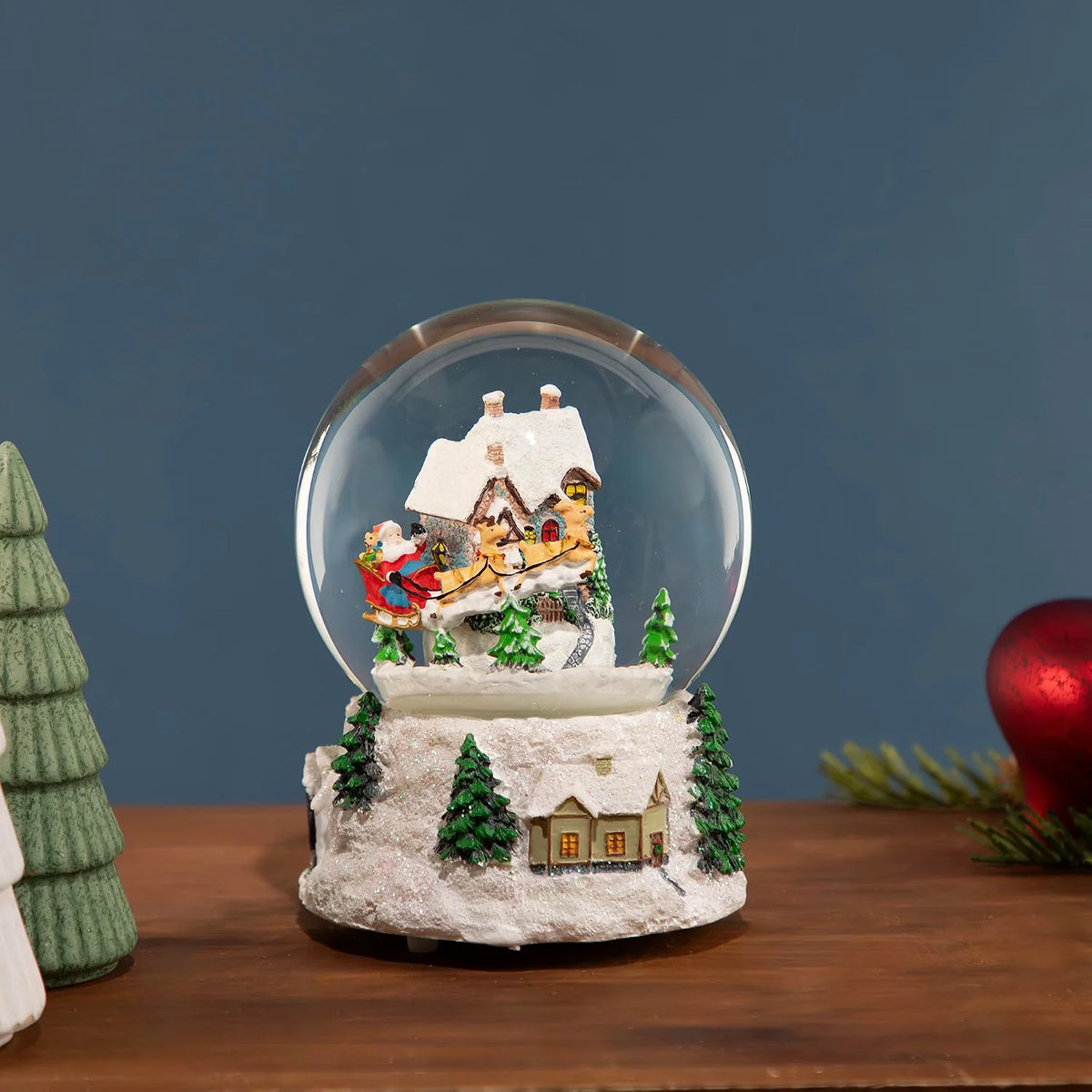 Musical and Animated Santa and Reindeer Rotating Christmas Water Globe, 6.75", White