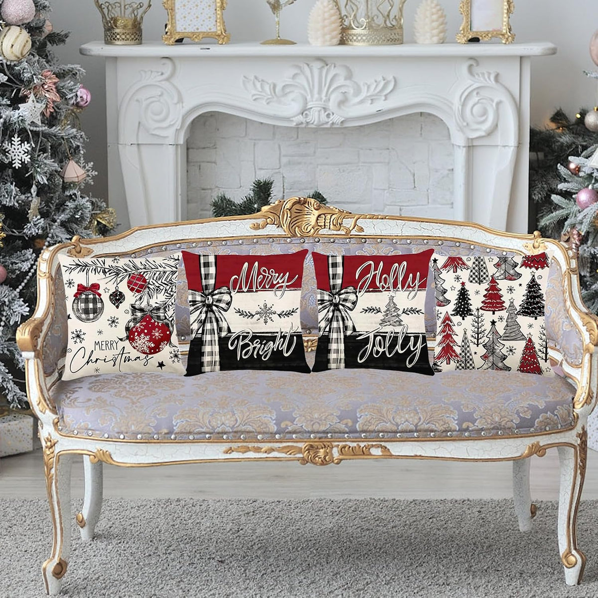 Christmas Decorations - Merry Christmas Trees Red Throw Pillow Covers 18X18 Set of 4,Winter Holiday Decor Throw Cushion Case for Home Couch