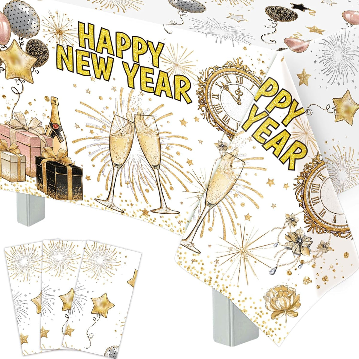 Gold & White Happy New Year Tablecloths, 54 x 108 Inch, Set of 3
