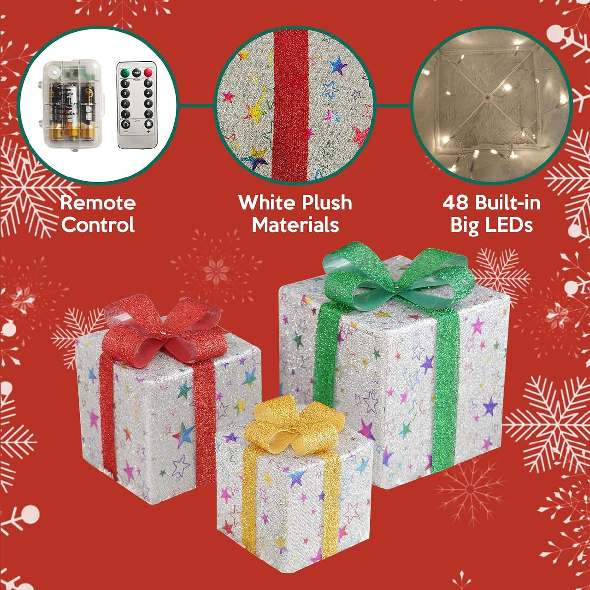 Christmas Lighted Gift Boxes Large, Set of 3 Light up Gift Boxes for Xmas Tree, Outdoor Lighted Christmas Decorations 48 LED Present Box Xmas Lighted Outdoor Display(Silver Star)