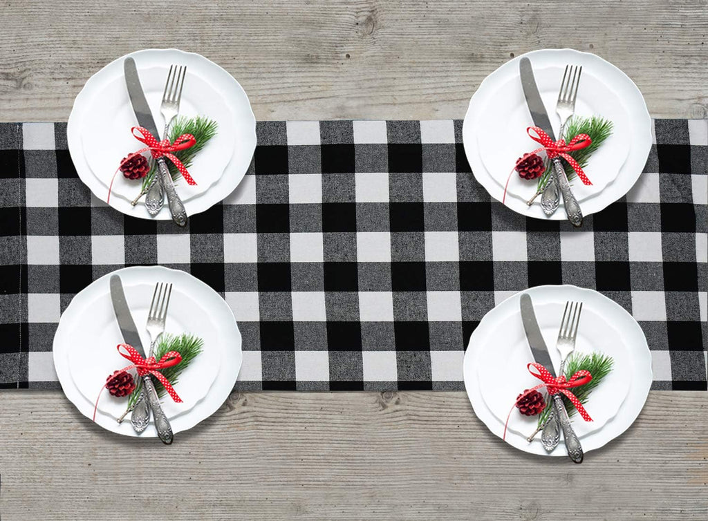 Buffalo Check Table Runner Cotton Black and White Plaid Classic Stylish Design for Family Dinner Christmas Holiday Birthday Party Table Home Decoration (White and Black, 14 X 72 Inch)
