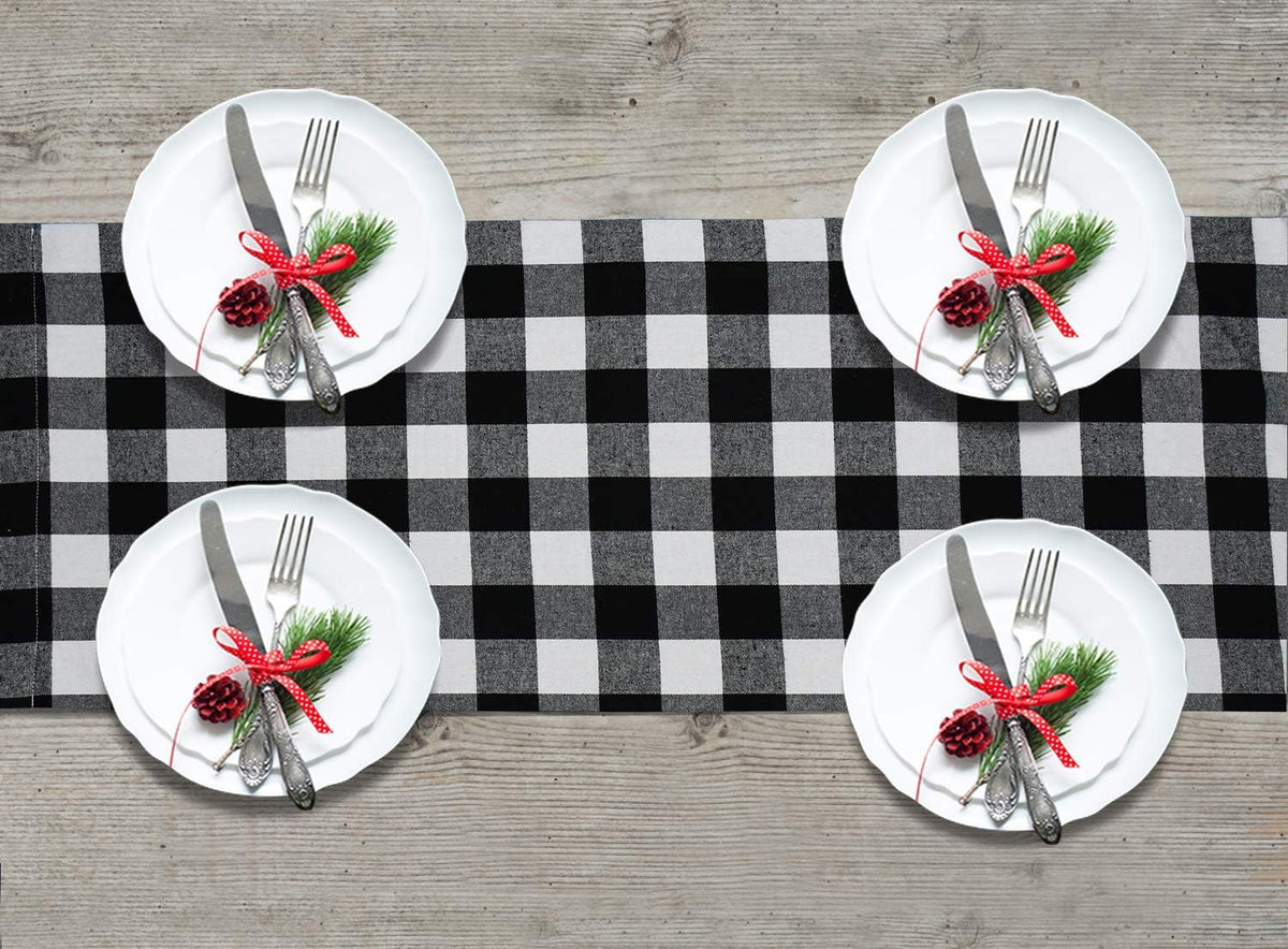 Buffalo Check Table Runner Cotton Black and White Plaid Classic Stylish Design for Family Dinner Christmas Holiday Birthday Party Table Home Decoration (White and Black, 14 X 72 Inch)