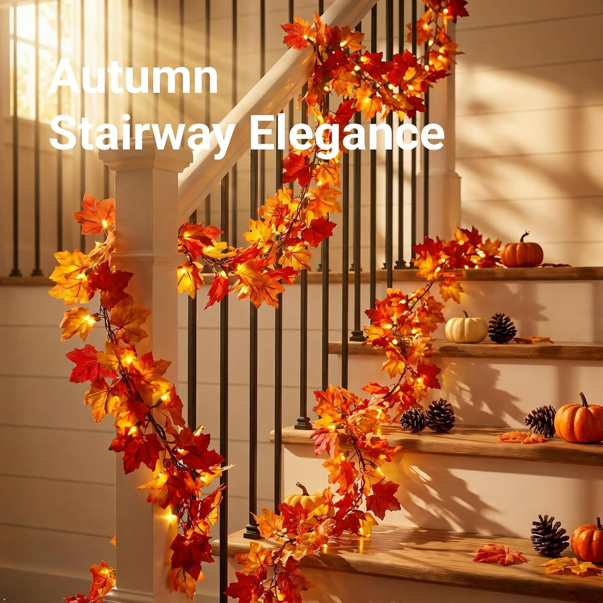 Fall Leaf Garland with Lights Plug In, 11FT Lighted Maple Leaf Garland with 50 Orange Bulbs, Connectable Fall Decorations for Home, Thanksgiving Halloween Mantel Stairs Porch Decor