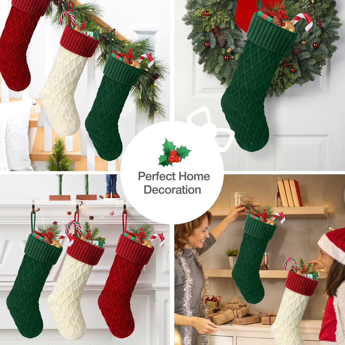 6Pcs Christmas Stockings, Large Xmas Stockings Double-Sided 18 Inches Fireplace Stockings for Family Christmas Decorations (Red,White,Green)
