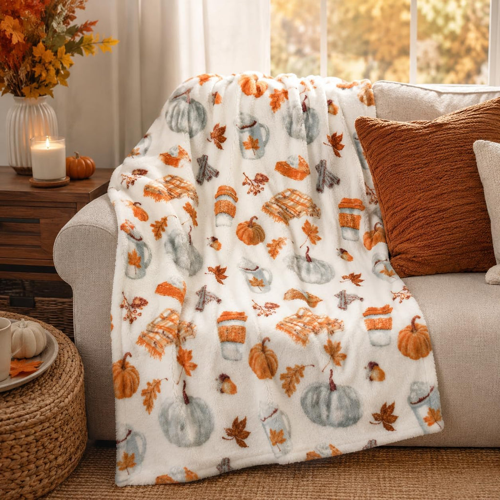 Fall Soft Fleece Throw Blanket, Pumpkin Spice Design, 50X70, Oversized