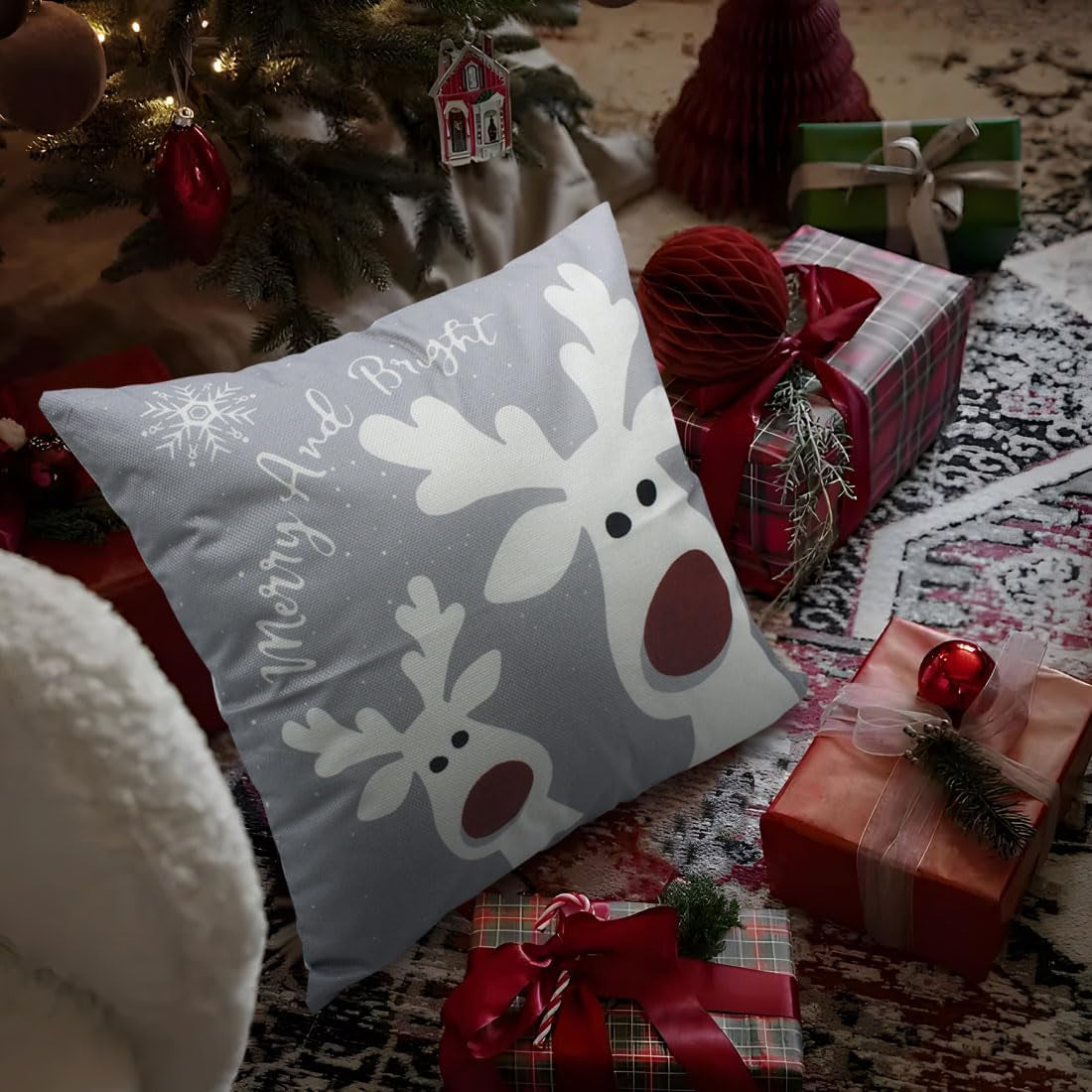 Christmas Pillow Covers 18X18 Set of 4 Christmas Decorations Snowman Deer Tree Winter Holiday Decor Throw Cushion Case for Home Couch