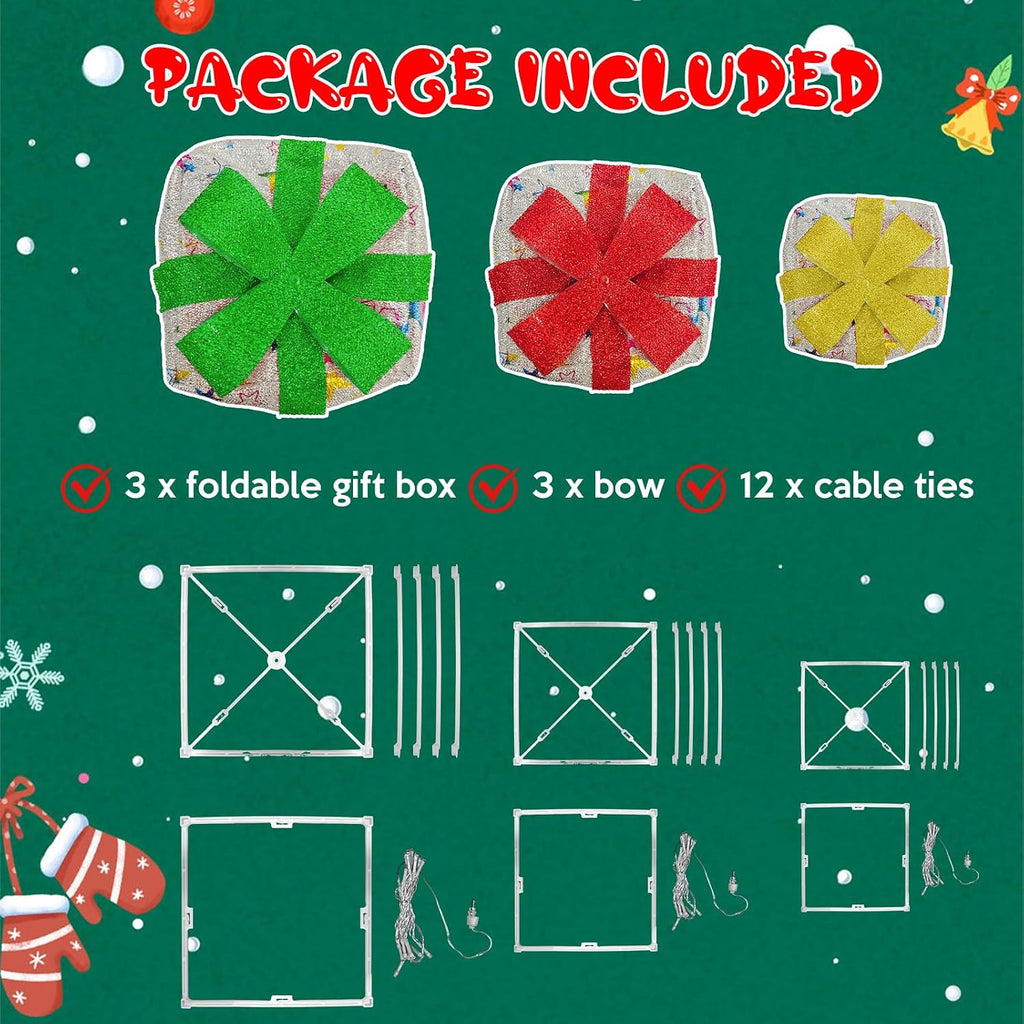 Christmas Lighted Gift Boxes Large, Set of 3 Light up Gift Boxes for Xmas Tree, Outdoor Lighted Christmas Decorations 48 LED Present Box Xmas Lighted Outdoor Display(Silver Star)