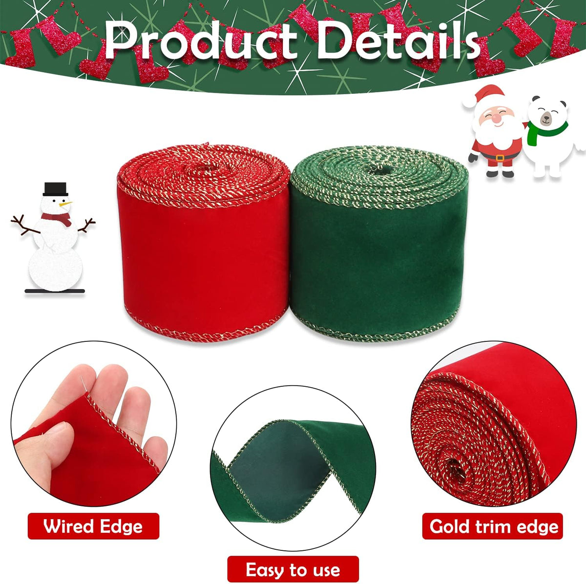 2 Rolls Christmas Velvet Ribbon, 2.5 Inch X 10 Yards Vintage Xmas Wrapping Ribbon with Gold Edge for DIY Craft Home Garland Bow Door Wreath Decorations (Red&Green)