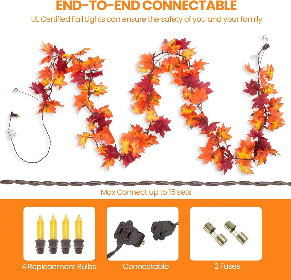 Fall Leaf Garland with Lights Plug In, 11FT Lighted Maple Leaf Garland with 50 Orange Bulbs, Connectable Fall Decorations for Home, Thanksgiving Halloween Mantel Stairs Porch Decor