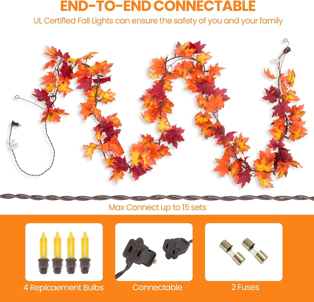 Fall Leaf Garland with Lights Plug In, 11FT Lighted Maple Leaf Garland with 50 Orange Bulbs, Connectable Fall Decorations for Home, Thanksgiving Halloween Mantel Stairs Porch Decor