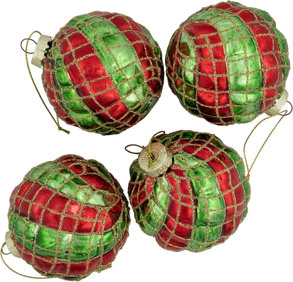 Glitter Lattice Striped Christmas Glass Ball Ornaments - 3" (80Mm) - Red and Green - 4Ct