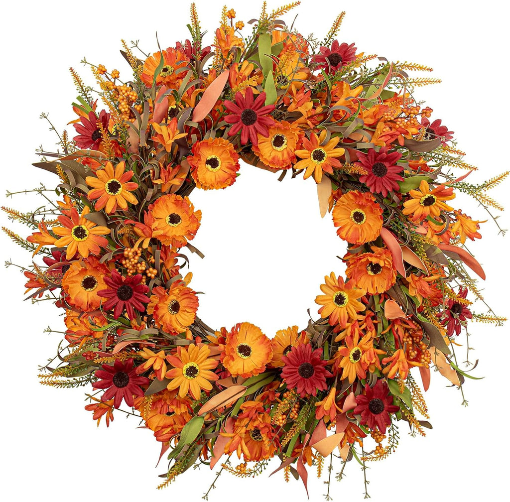 22" Orange Daisy Fall Wreath for Front Door