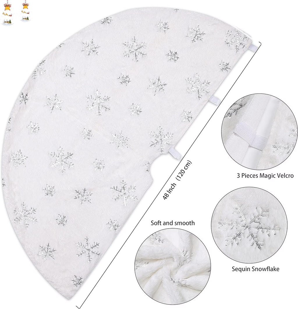 Christmas Tree Skirt, 48 Inches Faux Fur White Christmas Tree Skirt for Christmas Tree Decorations Xmas Tree Skirt (Snowflake)