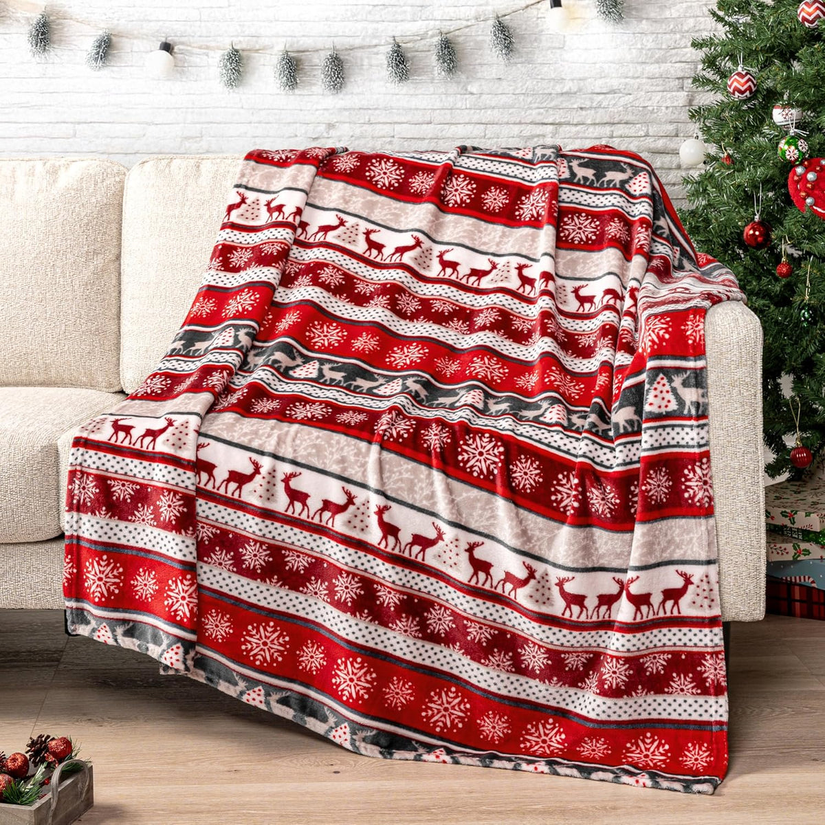Red Reindeer and Snowflake Christmas Fleece Throw (50 x 60 in)