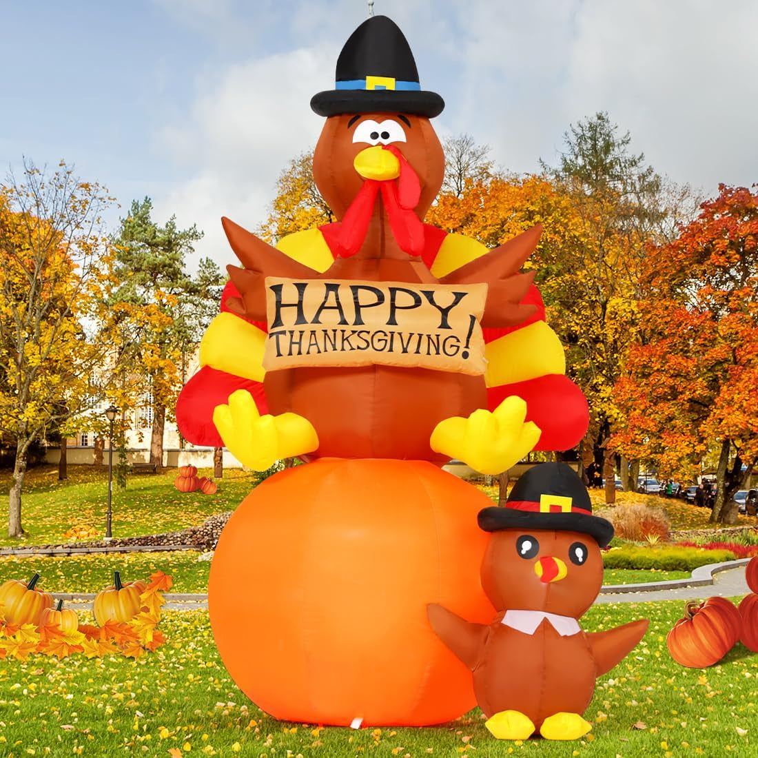6 FT Thanksgiving Inflatables Turkey Outdoor Decorations Blow up Yard Turkey on Pumpkin with Turkey Baby with Built-In Leds for Indoor Party Garden Lawn Decor