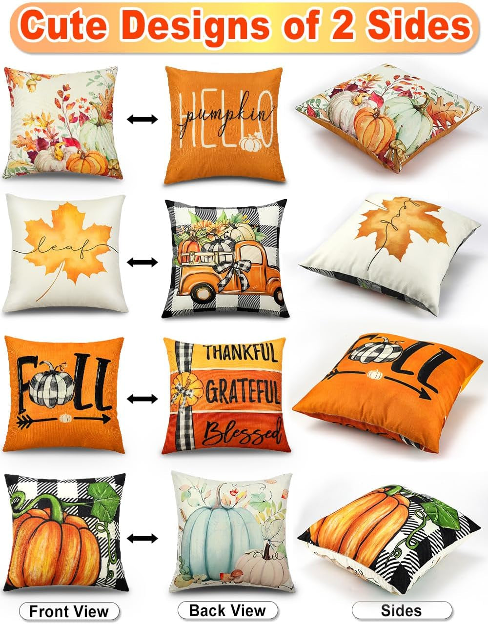 Fall Pillow Covers 18X18 4Pcs Double‑Sided Print Autumn Home Decor
