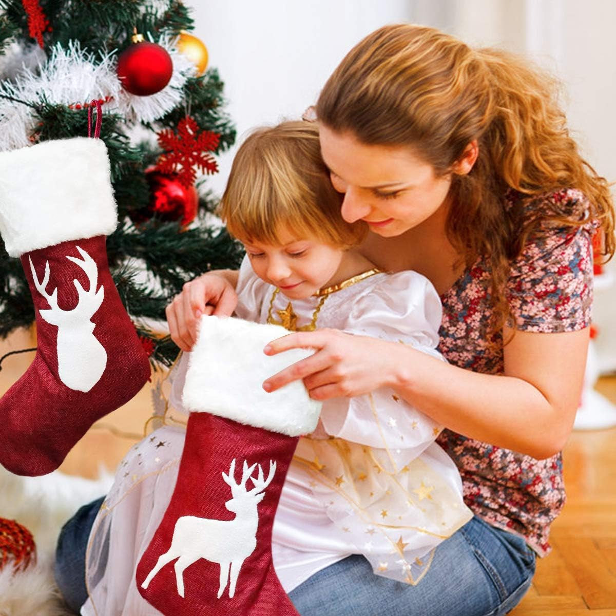 Christmas Stockings, 2 Pcs 18 Inches Christmas Stockings, Burlap with Large Plush Cuff Stockings, for Family Holiday Xmas Party Decorations (Red-Deer)