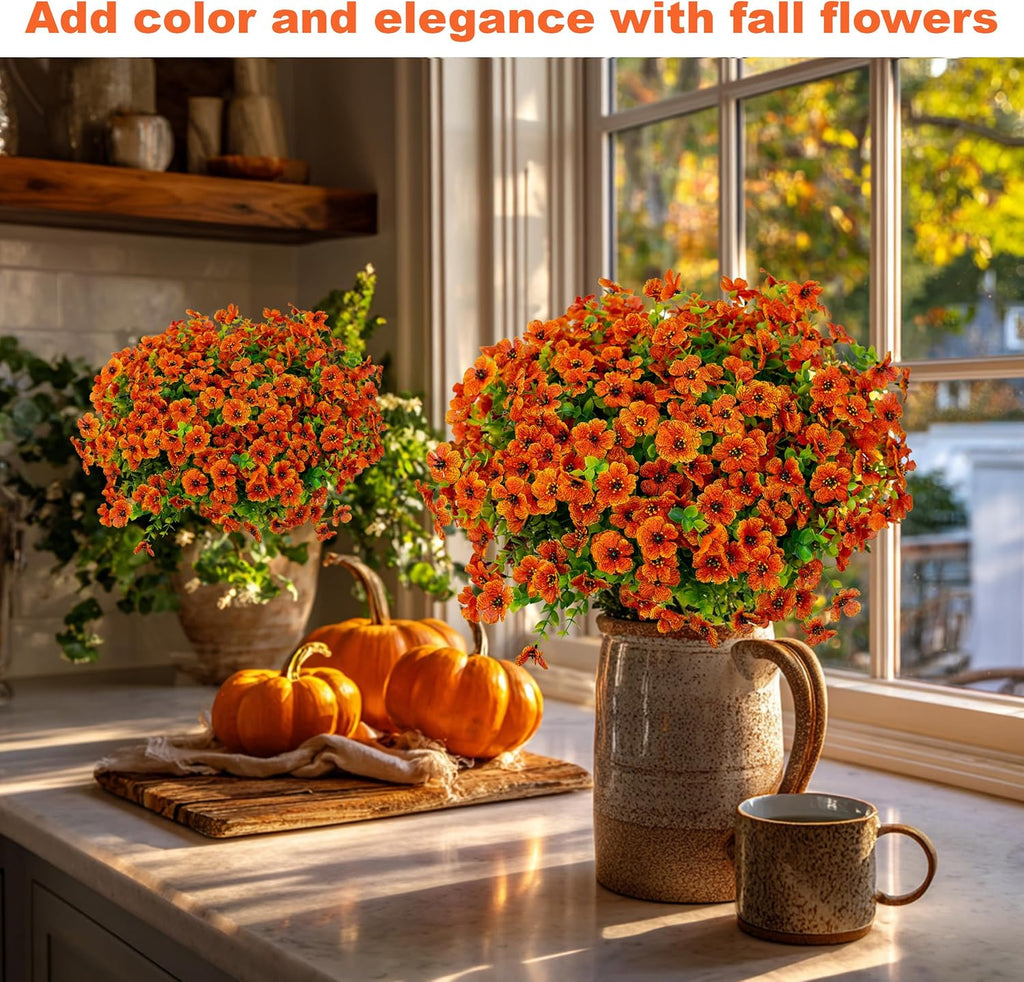 Artificial Mums for Outdoors Fake Fall Flowers Red Orange 16 Pack