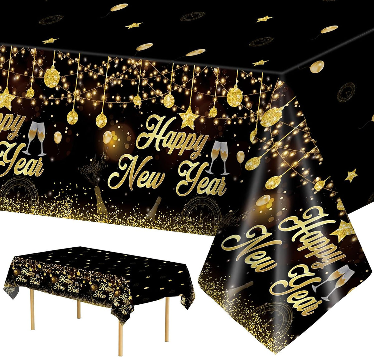 Black & Gold Happy New Year Tablecloths, 54 x 108 Inch, Set of 3