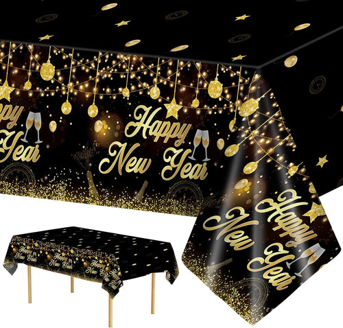 Black & Gold Happy New Year Tablecloths, 54 x 108 Inch, Set of 3