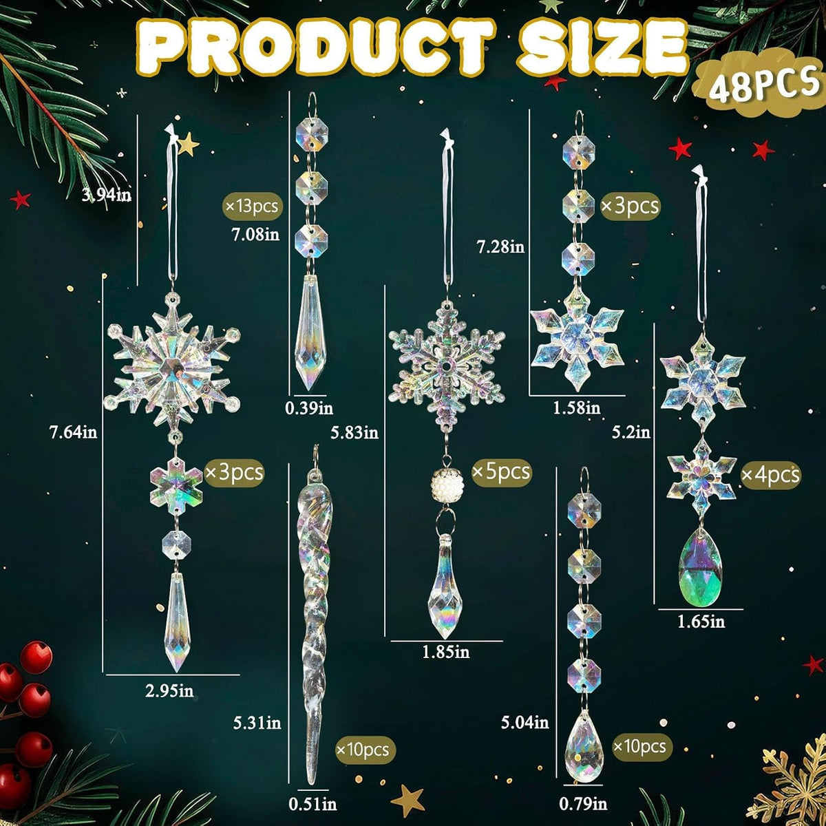 Crystal Christmas Tree Ornaments, 48Pcs Iridescent Acrylic Snowflake Icicle