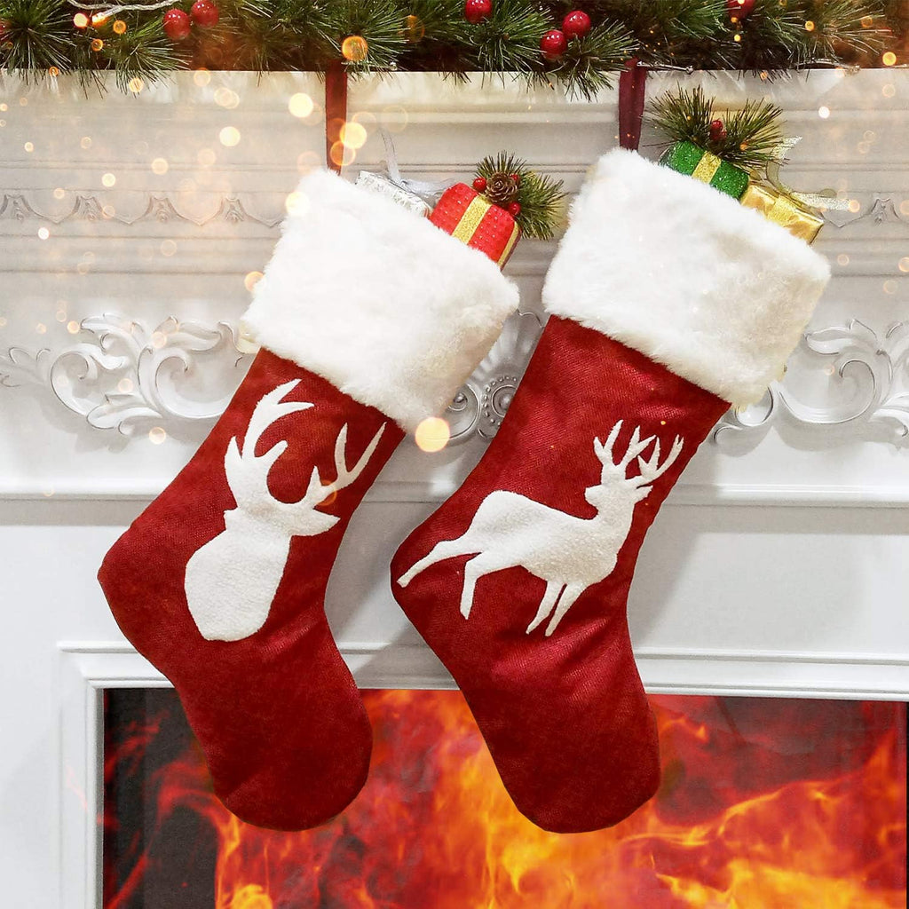 Burlap Reindeer Christmas Stockings with Plush Cuff (Set of 2)