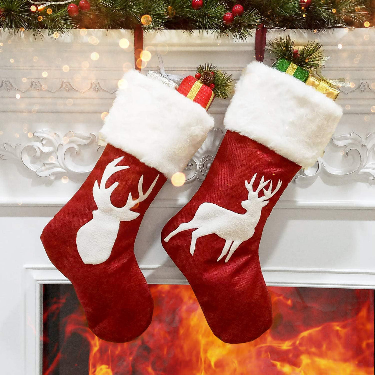 Burlap Reindeer Christmas Stockings with Plush Cuff (Set of 2)