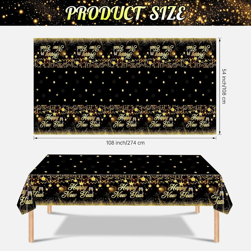 3 Pack New Years Tablecloths - Happy New Year Plastic Tablecloth Set, Black and Gold Disposable New Year'S Table Cloth Cover Rectangle for 2026 New Years Eve Party Supplies Decorations, 108X54 Inch