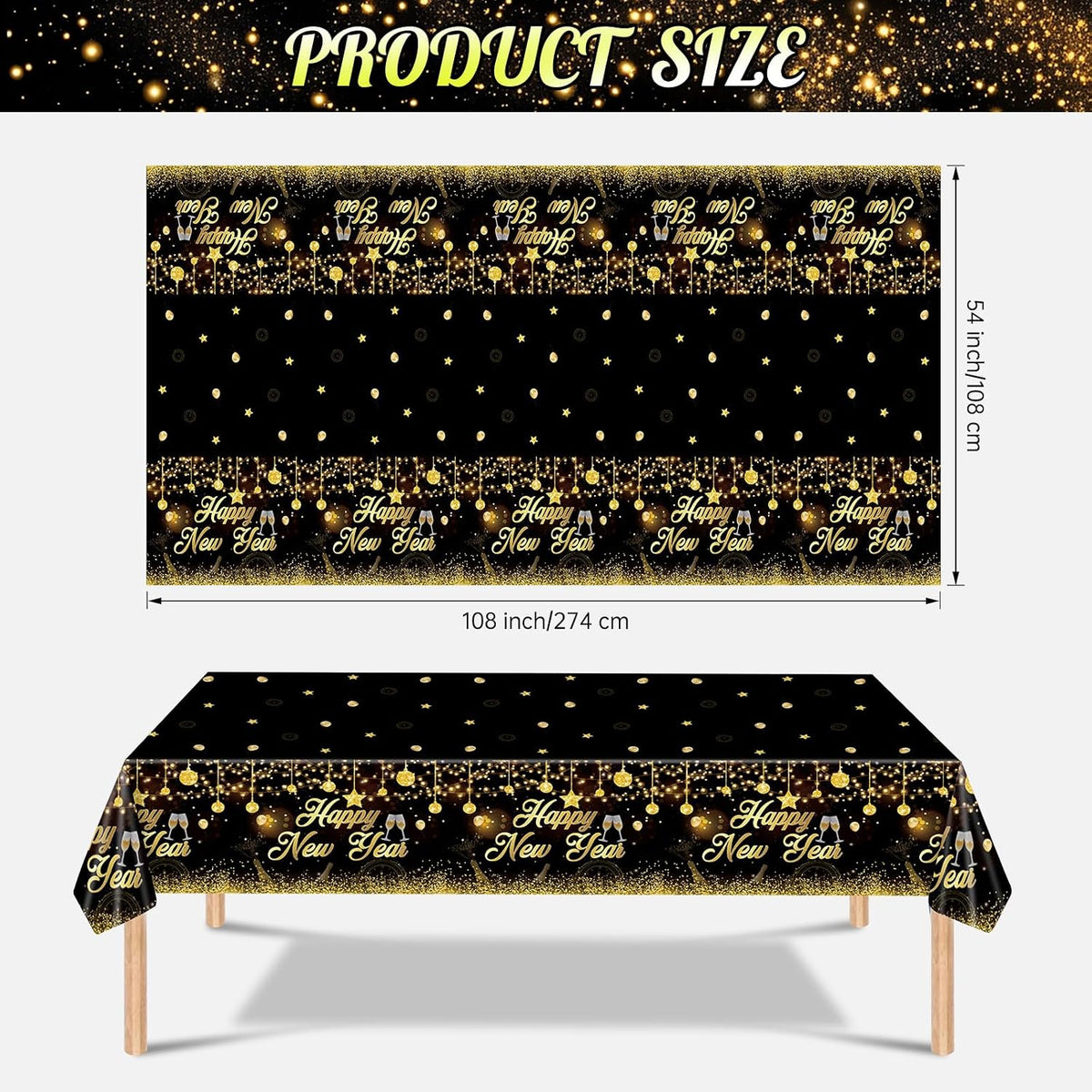 3 Pack New Years Tablecloths - Happy New Year Plastic Tablecloth Set, Black and Gold Disposable New Year'S Table Cloth Cover Rectangle for 2026 New Years Eve Party Supplies Decorations, 108X54 Inch