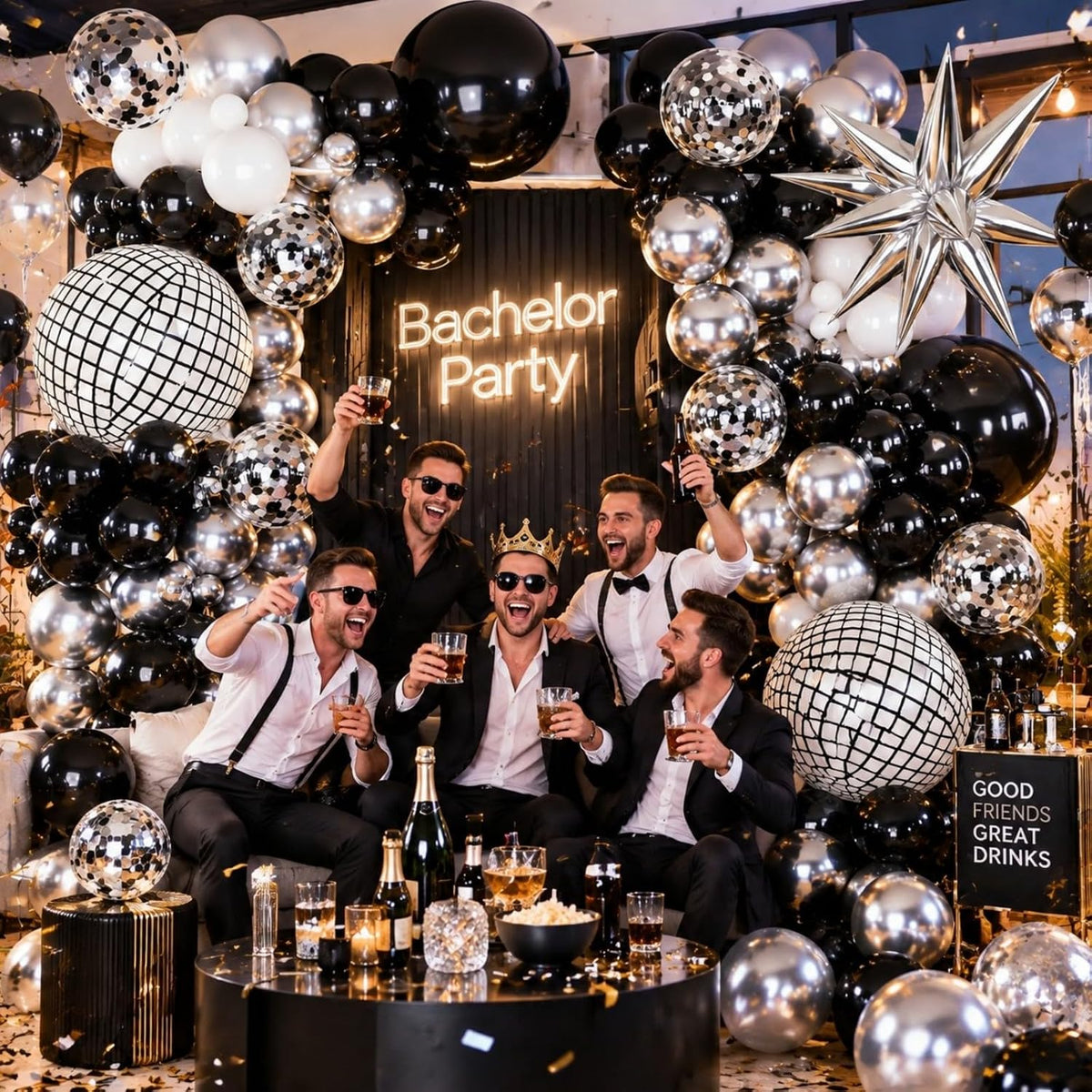 Black Silver Balloons Arch Kit Garland with Disco Ball Balloons