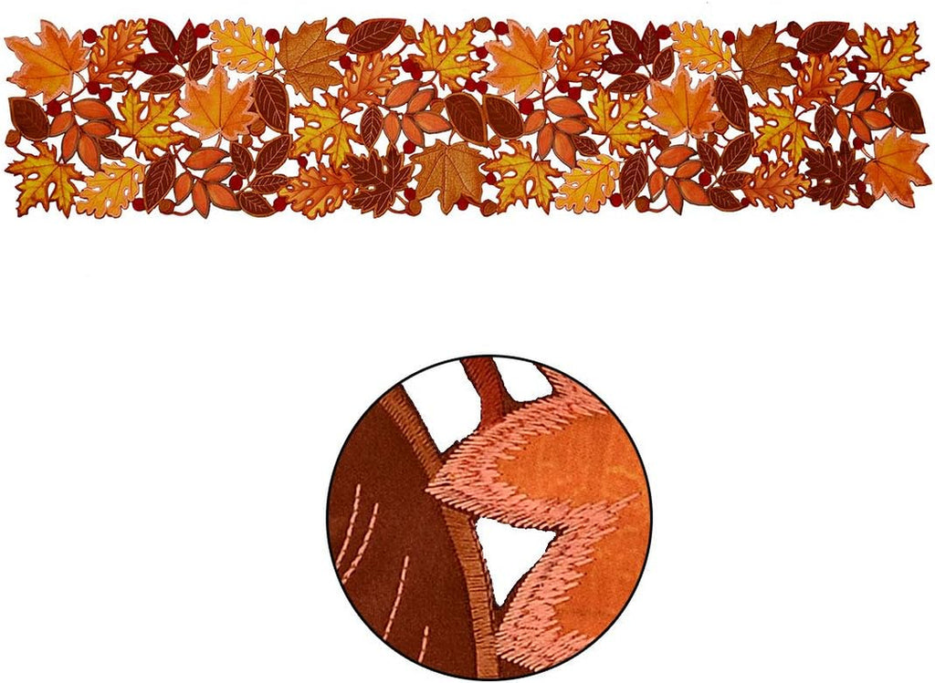 Embroidered Fall Leaves Table Runner for Thanksgiving, Autumn Harvest Decorations (14 × 88 Inches)