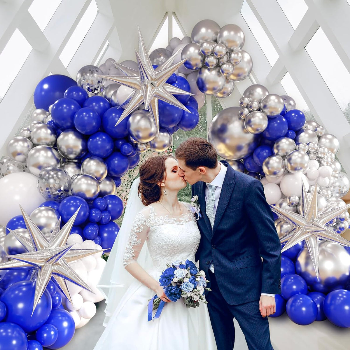 131Pcs Royal Blue and Silver Balloon Arch Garland Kit