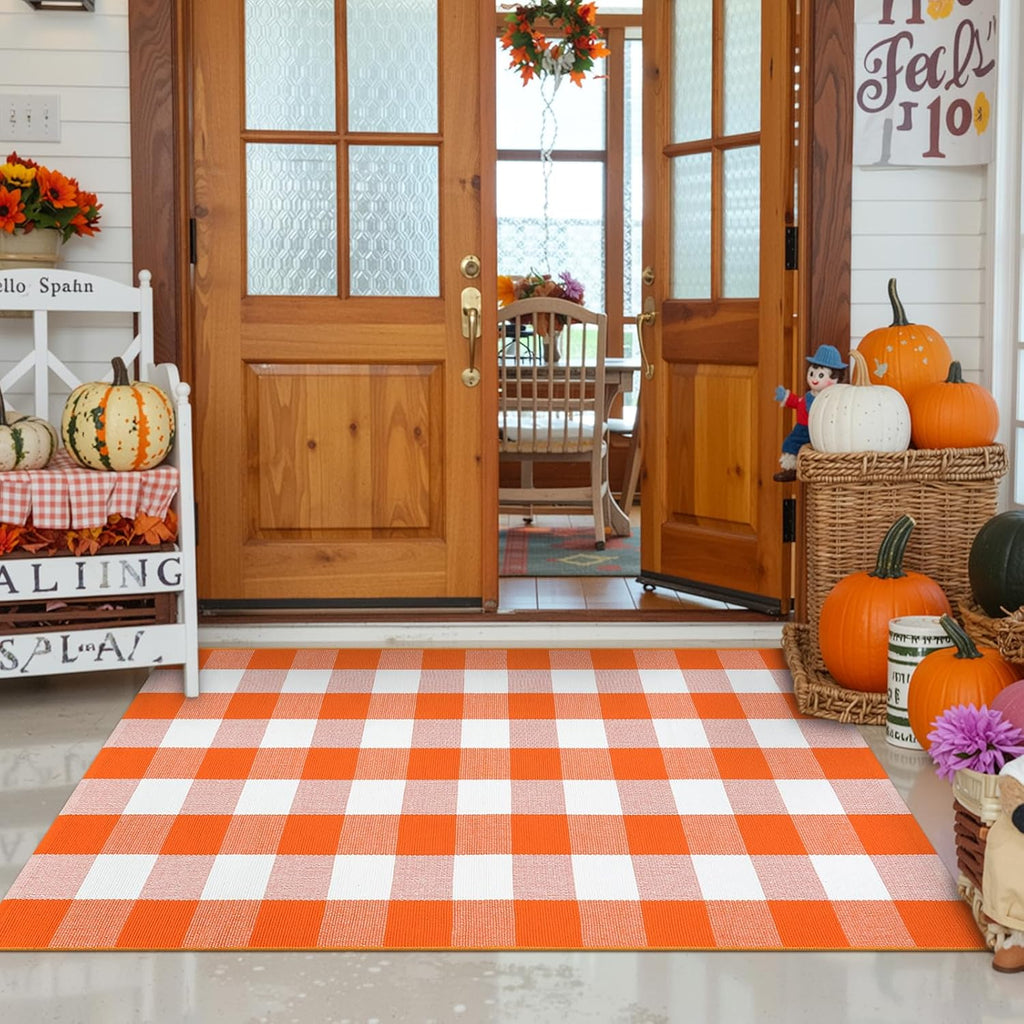 Orange Buffalo Plaid Fall Porch Rug (3 x 5 ft)
