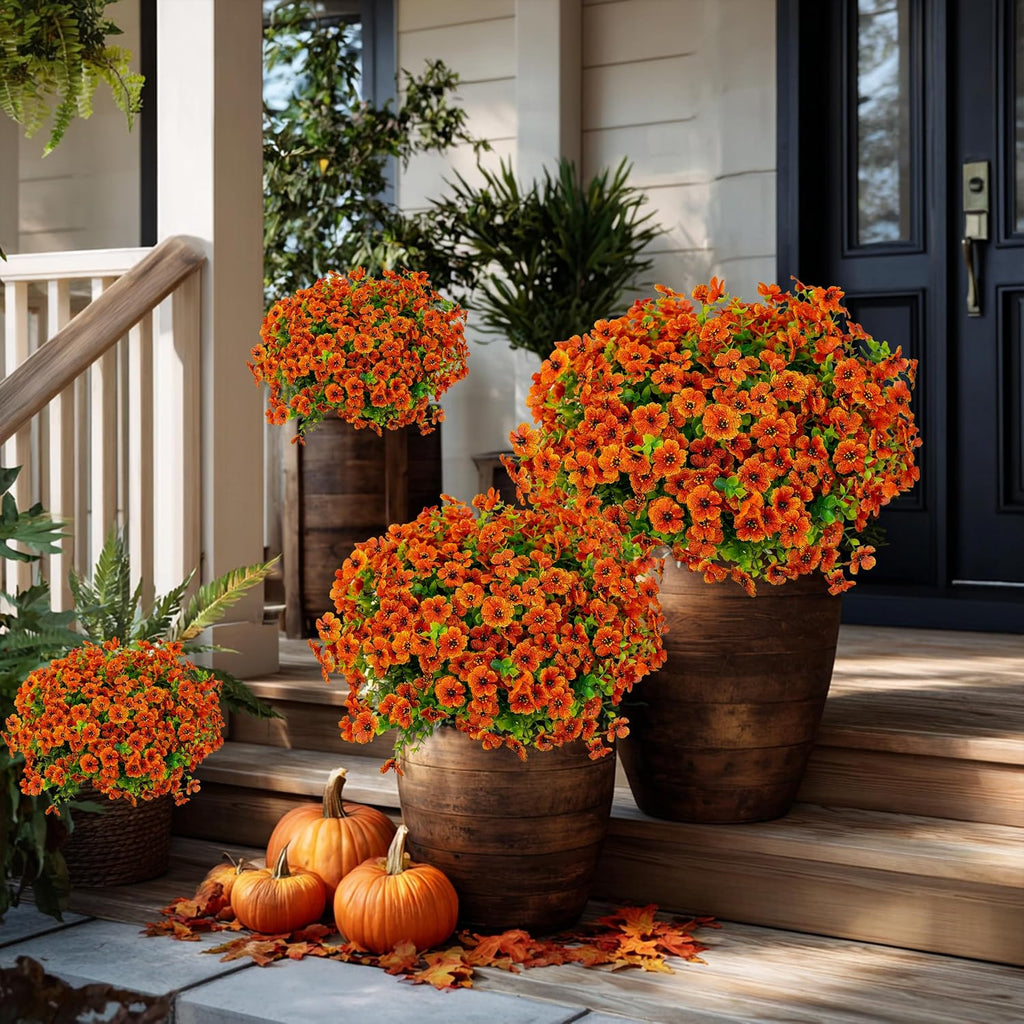 Artificial Mums for Outdoors Fake Fall Flowers Red Orange 16 Pack