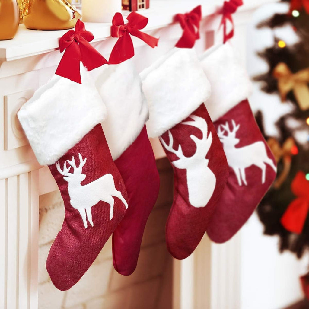 Christmas Stockings, 2 Pcs 18 Inches Christmas Stockings, Burlap with Large Plush Cuff Stockings, for Family Holiday Xmas Party Decorations (Red-Deer)