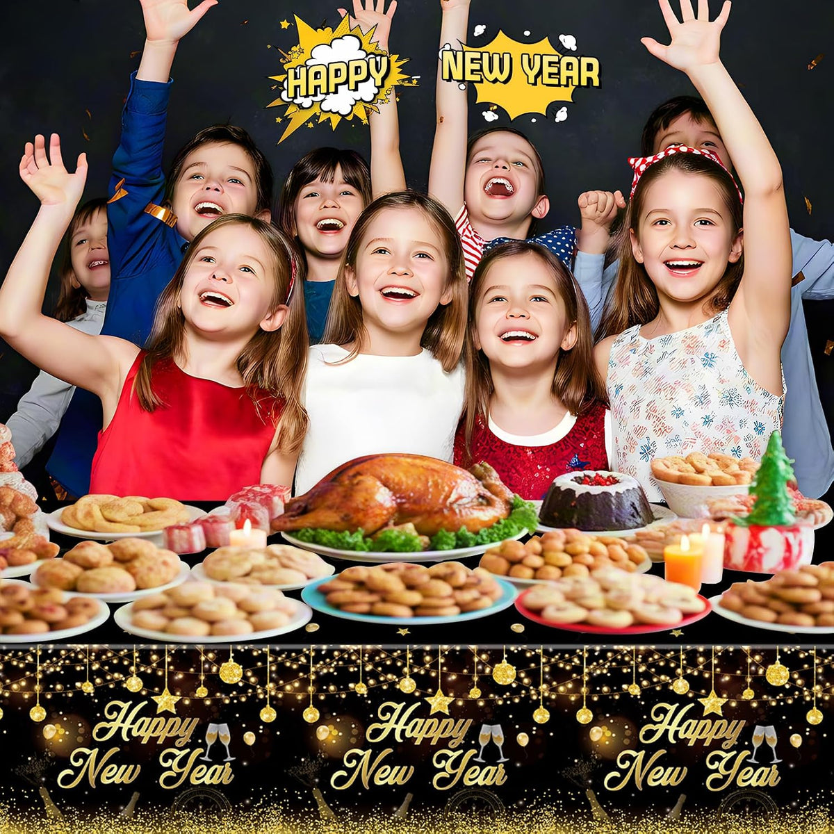 3 Pack New Years Tablecloths - Happy New Year Plastic Tablecloth Set, Black and Gold Disposable New Year'S Table Cloth Cover Rectangle for 2026 New Years Eve Party Supplies Decorations, 108X54 Inch