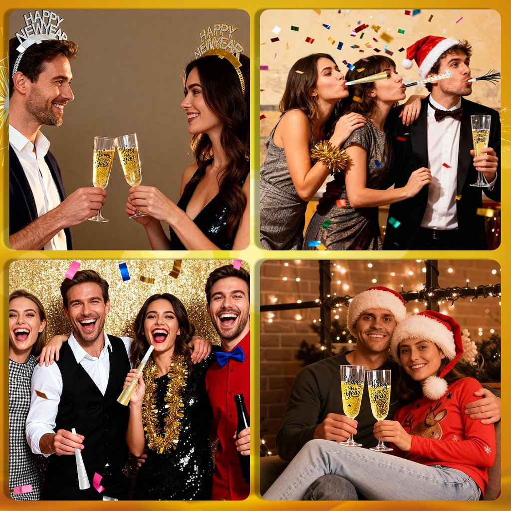 New Years Eve Party Supplies Decorations 2027, 5 Oz Disposable Champagne Flutes HAPPY NEW YEAR Headbands NYE Noise Makers, Plastic Champagne Glasses Clear Party Cups Horns New Years Eve Headband