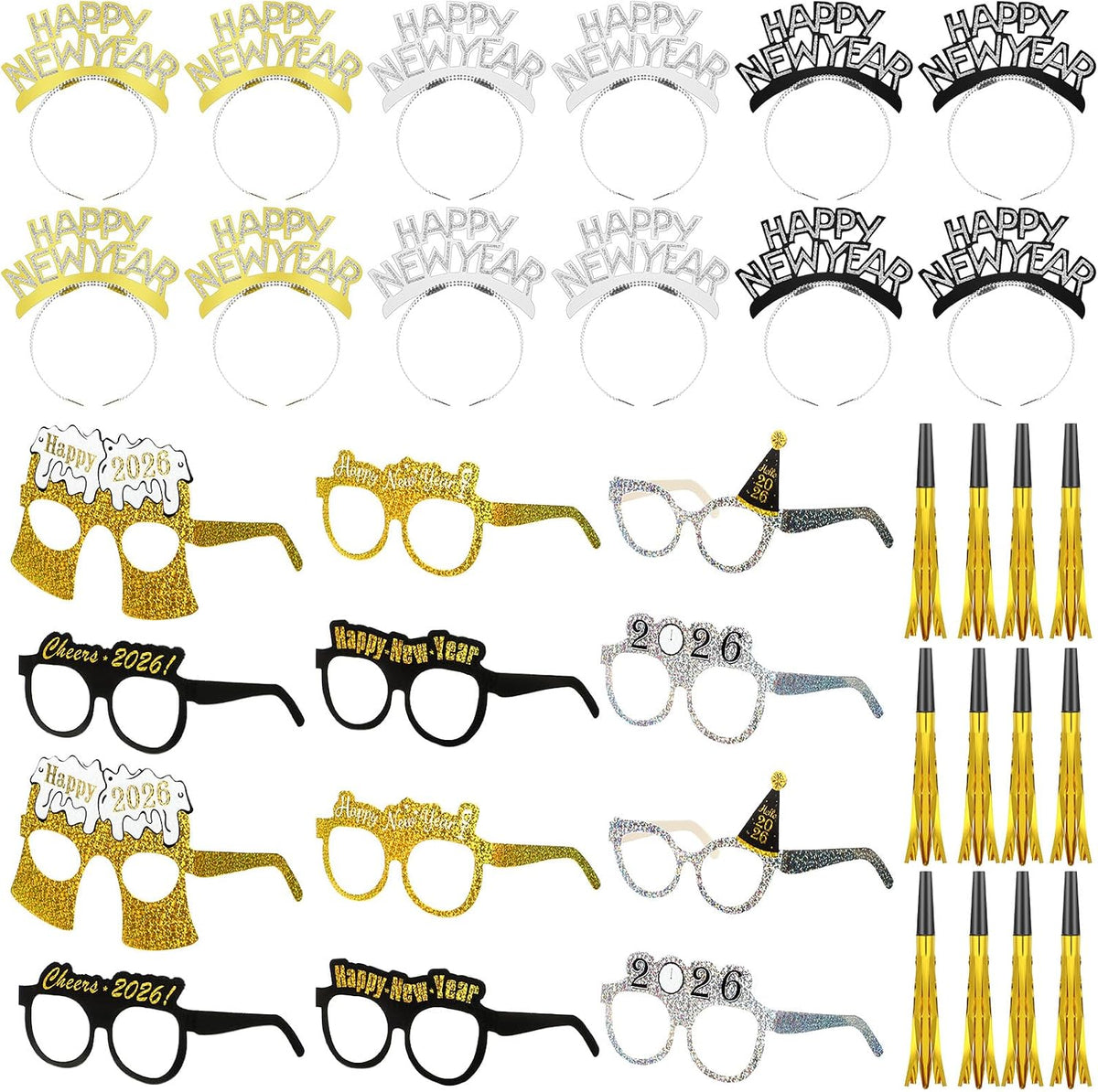 New Year's Eve Party Pack: Glasses, Crowns & Blowers, 36 Pieces