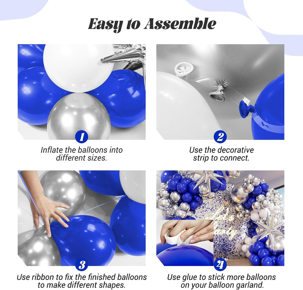 131Pcs Royal Blue and Silver Balloon Arch Garland Kit