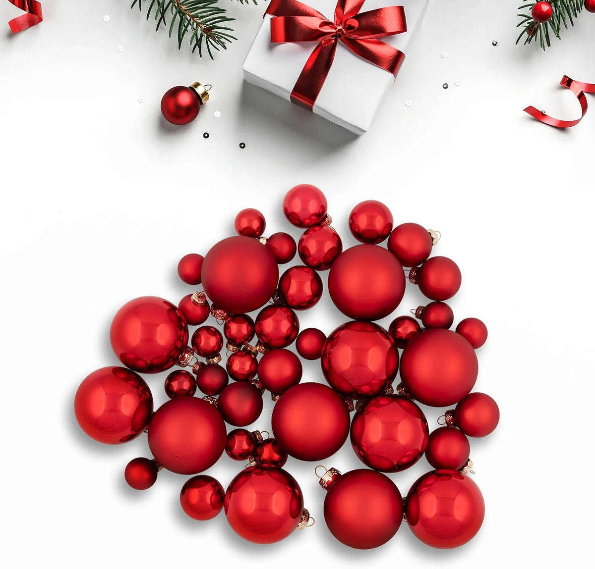 40Ct Shiny Glitter and Matte Red Glass Ball Christmas Ornament Set - 1" - 2.5"