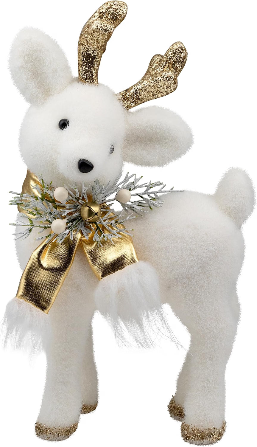 Glittered Standing Deer with Jingle Bell Christmas Figure - 12.25" - White and Gold