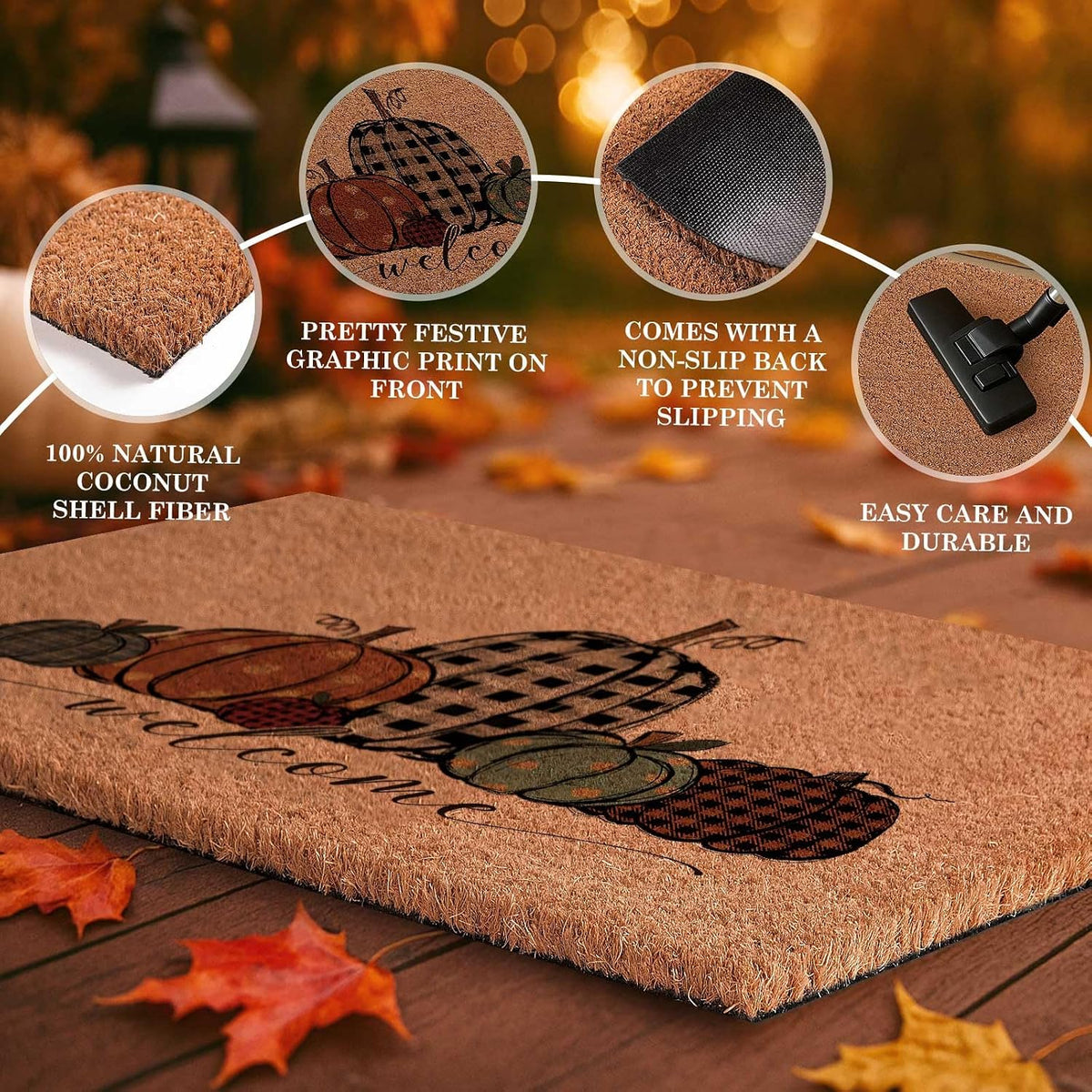 Fall Welcome Natural Coir Door Mat, Fall Pumpkin Coco Front Door Outdoor Doormat outside Entrance Porch Non Slip Rubber Rug for Autumn Harvest Halloween Thanksgiving Farmhouse Decor (30X17 In)