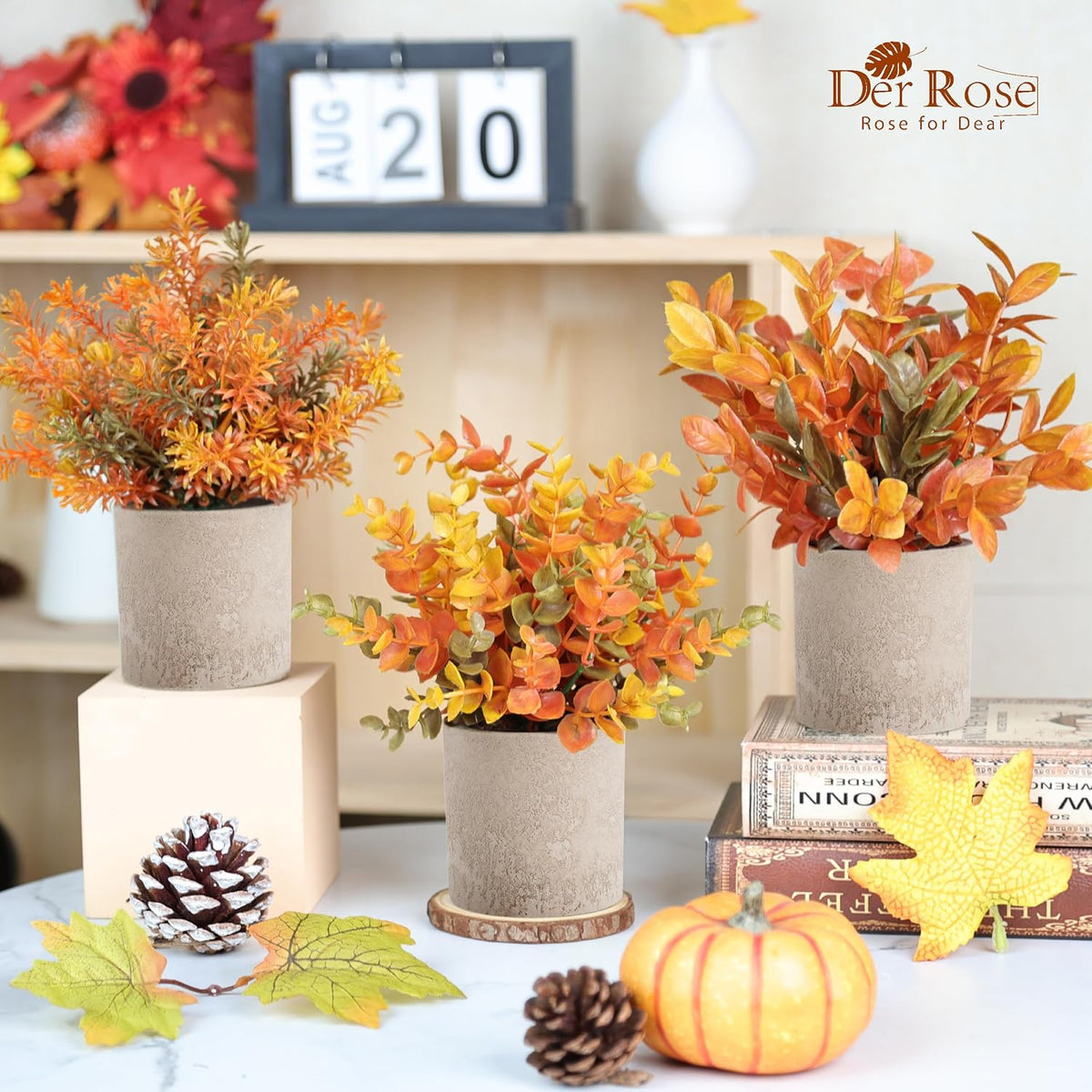 3 Pack Fake Plants Warm Orange Faux Plants for Fall Table Decor