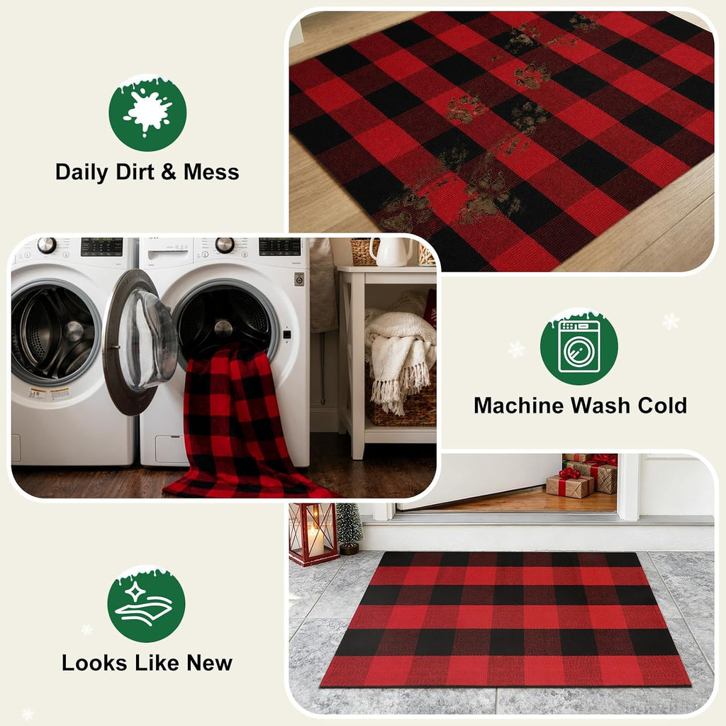 Christmas Door Mat 24"X51" Buffalo Plaid Cotton Washable Outdoor Rug