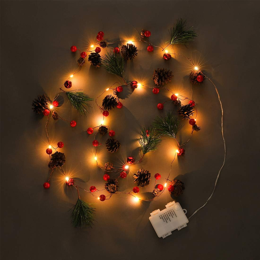Christmas Garland with Lights, Red Berry Pine Cone 6.5FT 20 LED Garland Lights Battery Operated, Led Garland String Lights, Christmas Decorations Indoor for Home Fireplace Mantel Xmas Decor