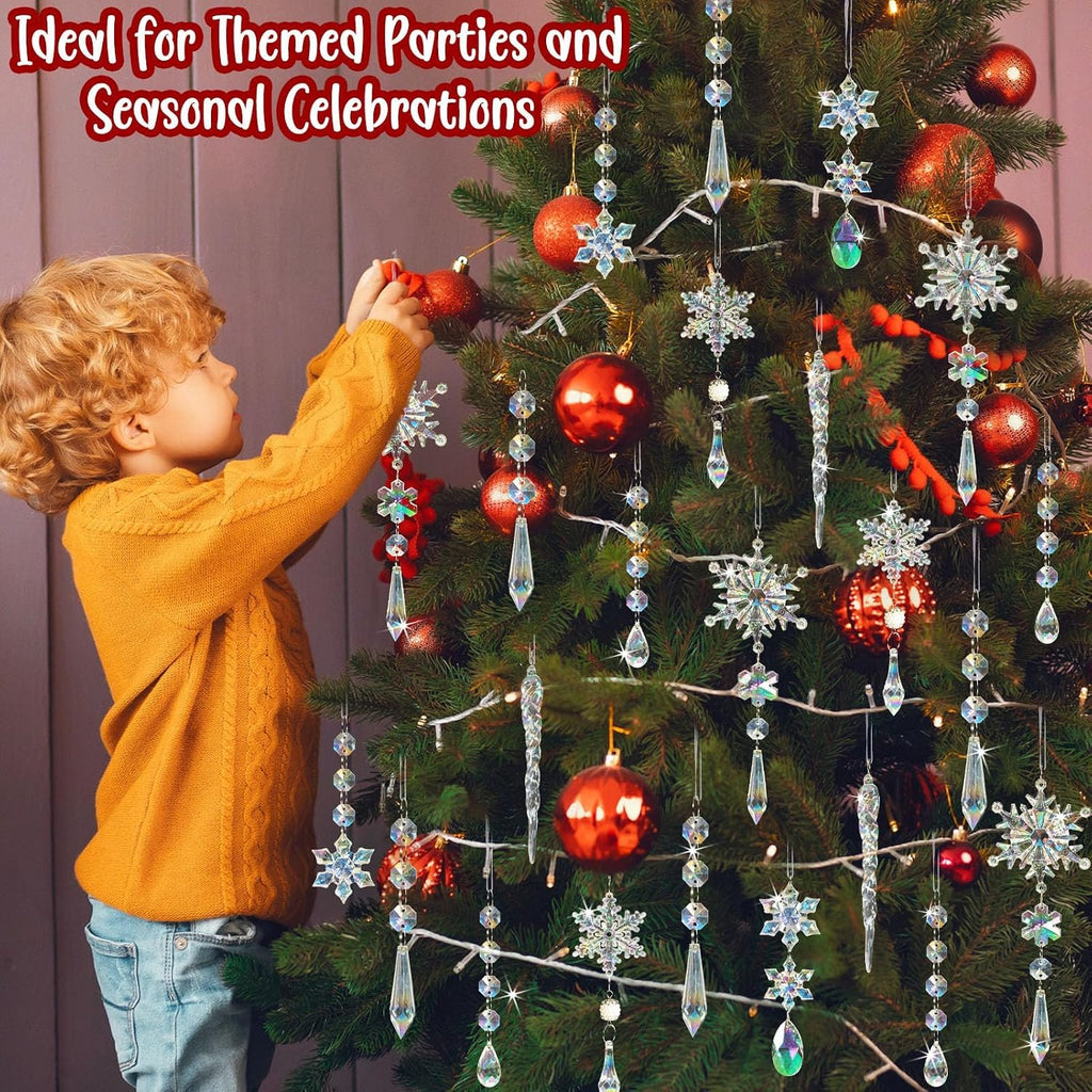 Crystal Christmas Tree Ornaments, 48Pcs Iridescent Acrylic Snowflake Icicle
