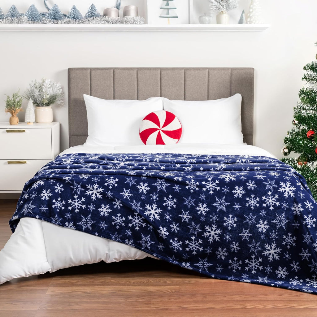 Christmas Snowflake Blanket, Navy Blue Winter Fleece Throw, 50X60