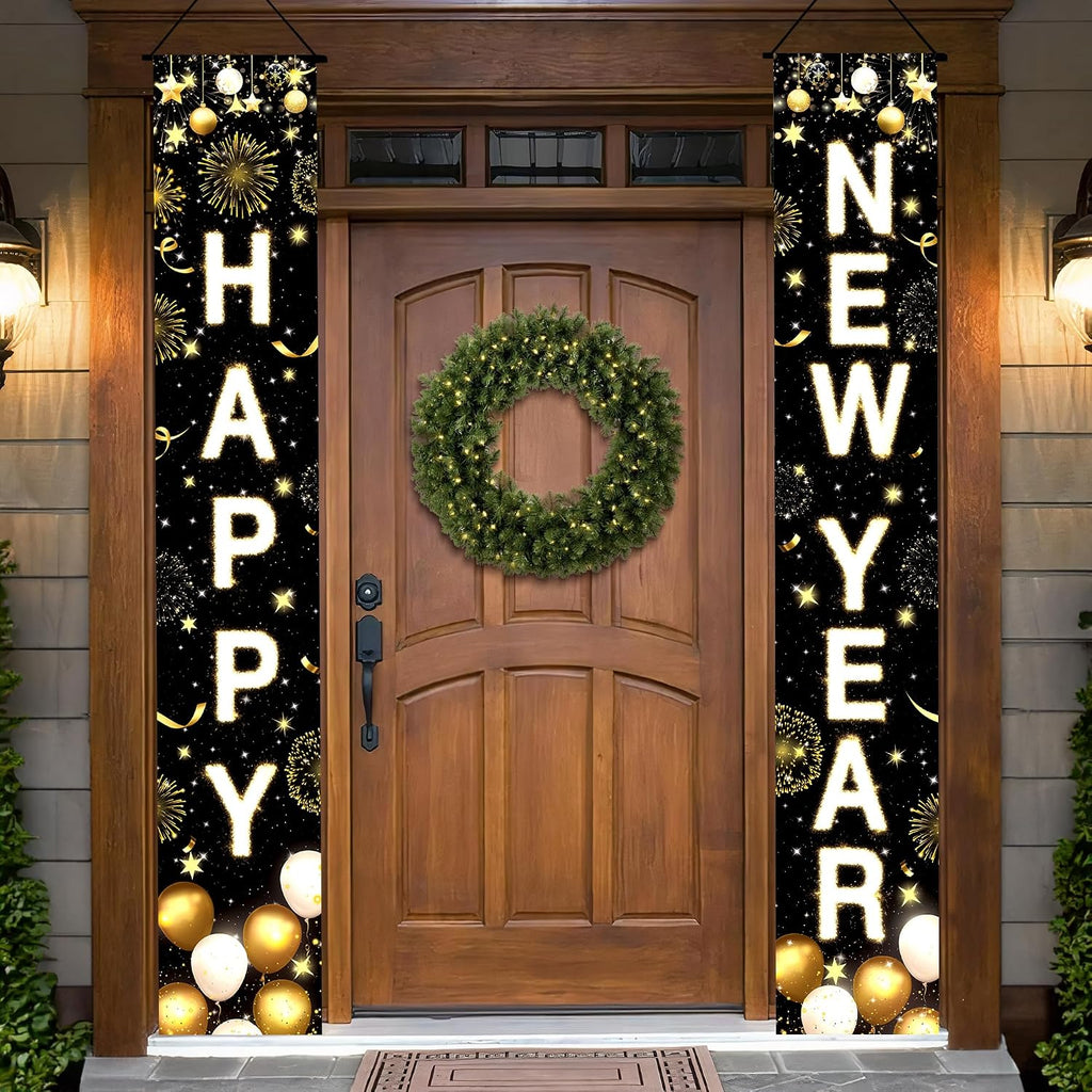 Happy New Year Front Door Banners, Black & Gold, 72 x 12 Inch