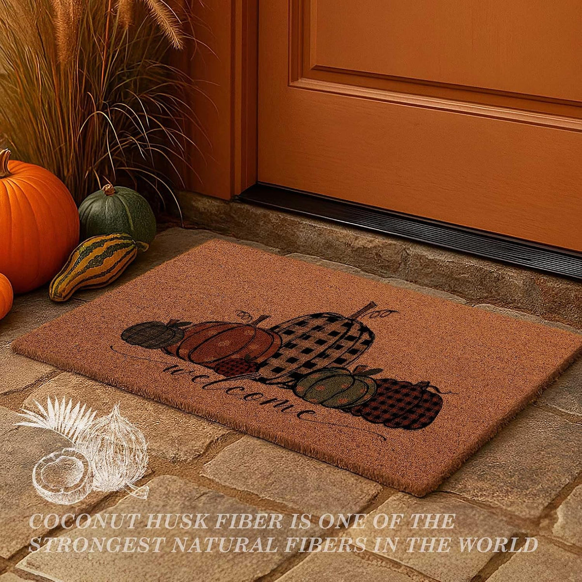 Fall Welcome Natural Coir Door Mat, Fall Pumpkin Coco Front Door Outdoor Doormat outside Entrance Porch Non Slip Rubber Rug for Autumn Harvest Halloween Thanksgiving Farmhouse Decor (30X17 In)